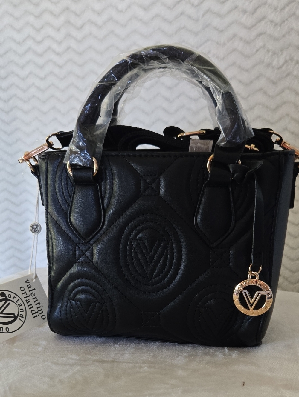 NWT Valentino Black Quilted V-Emblem Top-Handle Satchel